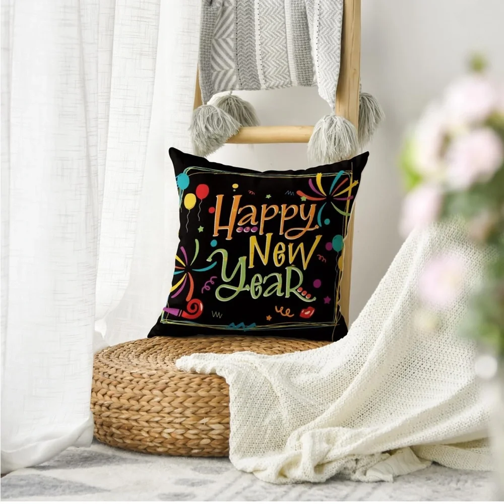 Happy New Year Decorative Pillow Cover - Black and Multicolor (18”x18”)